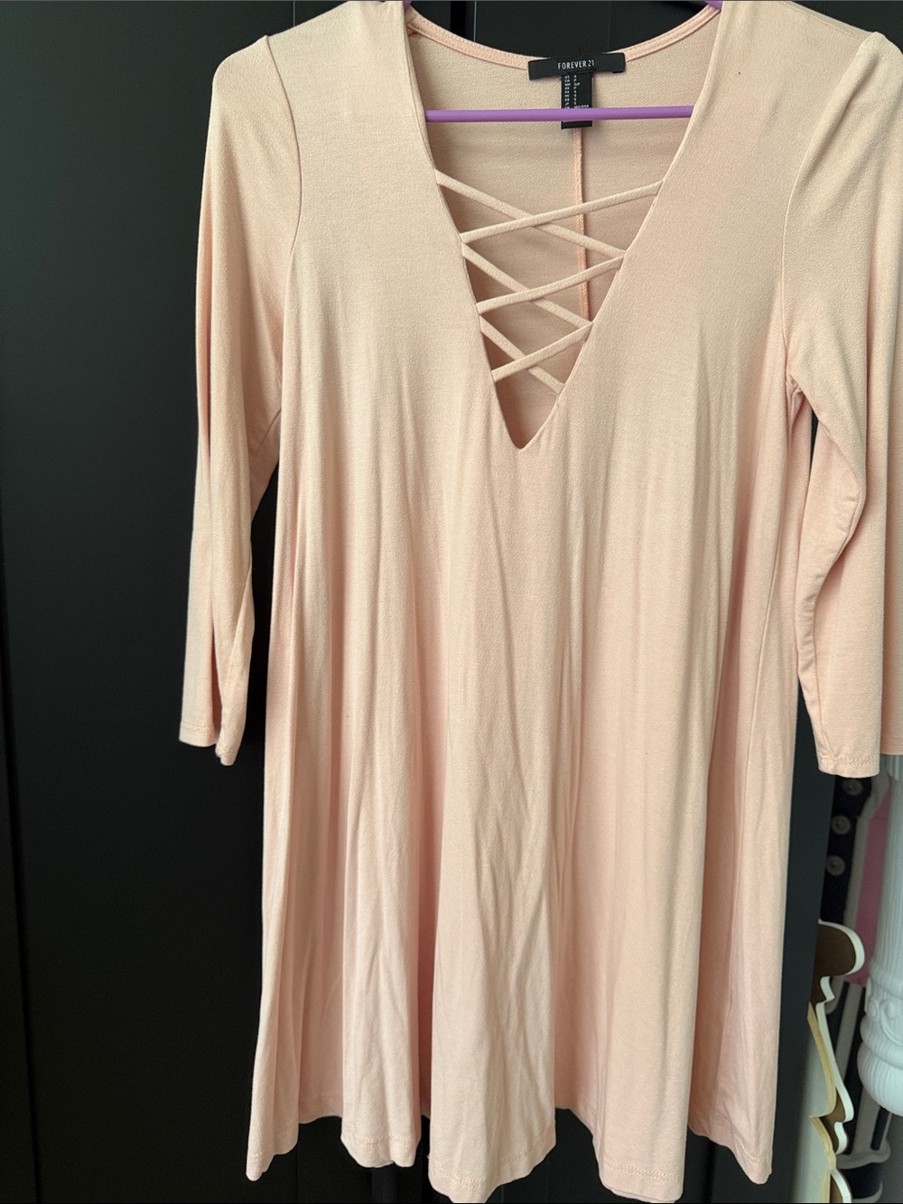 Forever 21 Light Blush Pink Crisscross V-Neck Long Sleeve Swing Dress